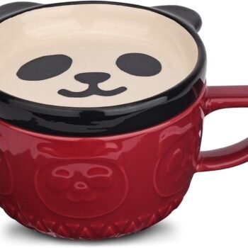 Cute Ceramic Red Panda Coffee Mug with Lid,Kawaii Animal Coffee Mugs or Tea Cups,Funny Novelty Panda Breakfast Mugs for Women Wife Mum Girls Boys Friends Kids Christmas Birthday Gift,300ML（Red）