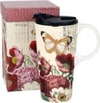 17 OZ Ceramic Coffee Mug Travel Cup with Lid and Gift Box, Red Flower and Butterfly