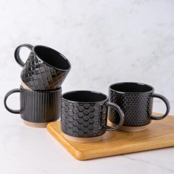 15OZ Stackable Coffee Mugs, Ceramic Coffee Mugs with Texture Patterns for Man,Woman,Dad,Mom, Modern Coffee Cups Set of 4 for Latte/Cappuccino/Cocoa. Dishwasher&Microwave Safe，Black