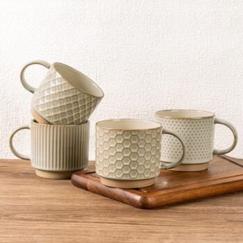 15OZ Stackable Coffee Mugs, Ceramic Coffee Mugs with Texture Patterns for Man,Woman,Dad,Mom, Modern Coffee Mugs Set of 4 for Latte/Cappuccino/Cocoa. Dishwasher&Microwave Safe, Pale Khaki
