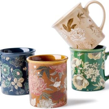 Coffee Mugs Set of 4, 12oz Ceramic Tea Cups with Floral Design, Hand wash only, Microwaveable, Gift Box, Perfect for Cappuccino, Latte, Hot Chocolate