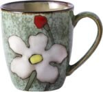 12oz/350ml Ceramic Coffee Mug with Handle,Hand Painted Vintage Floral Cappuccino Cup, Suitable for Tea Cups,Colorful Stoneware Coffee Mugs and Drinking Cup,Ideal Gifts for Women and Men-Green