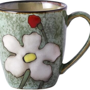 12oz/350ml Ceramic Coffee Mug with Handle,Hand Painted Vintage Floral Cappuccino Cup, Suitable for Tea Cups,Colorful Stoneware Coffee Mugs and Drinking Cup,Ideal Gifts for Women and Men-Green